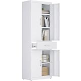 YITAHOME Aktenschrank, Aufbewahrungsschrank mit 3 verstellbaren Regalen, Büro Aktenschrank mit Schublade, Stahl Büro Schrank für Büro Küche Garage, 180H cm x 60W cm x 34D cm, Weiß