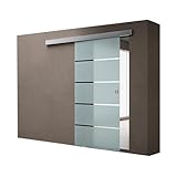 doporro Glasschiebetür Komplettset 77,5 x 205 cm | 15mm Wandabstand | Schiebetür mit ESG-Sicherheitsglas | Zimmertür Glas mit 5-Milchglas-Streifen mit Muschelgriff | Amalfi-plus 11