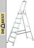 DRABEST Alu Leiter 7 Stufig Trittleiter Klappbar Haushaltsleiter, Stehleiter Belastbar bis 125 kg kostenloser Haken