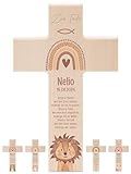 wunderwunsch® - Personalisiertes Taufkreuz mit hochwertigem Spezial-Druck aus massivem Buchenholz - Taufe Geschenk - Holzkreuz Taufe (Löwe)