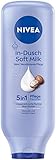 NIVEA In-Dusch Soft Milk (400 ml), Körpercreme mit Shea Butter und wasseraktivierter 5in1 Pflege Formel, feuchtigkeitsspendende Body Lotion für die Dusche
