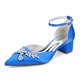 Blau,43,Damen-Hochzeitsschuhe mit klobigem, niedrigem Absatz, sexy Pumps mit geschlossener Spitze und Strasssteinen, Blockabsatz, Knöchelriemen, Abschlussball, Büro