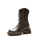 100junzidao wasserdichte Leder-Motorradstiefel für Damen – Schnürstiefeletten mit klobigem Absatz, Rutschfester und Leichter Sohle für Fahrten in der Stadt und Arbeit