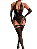ChiaoLezhee Durchsichtiger Netz-Body, exotische Kleidung, Tänzerin, sexy Dessous, 5-teilig, für Damen, Oberschenkelhohe Strümpfe, Strumpfgürtel, Tanzkleidung, Schwarz, Small