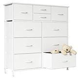 MUTUN Kommode für Schlafzimmer, hohe Lagerung Tower Standing Organizer mit 10 Stoff Schubladen, stabilem Metallrahmen, Veranstalter Einheit für Wohnzimmer Flur Schrank, 100 x 30 x 98 cm, weiß