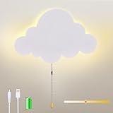 KZT LED Wandleuchte mit Zugschalter Wolke Kinderzimmer Wandlampe Batteriebetriebene USB Aufladbare Nachtlamp 3 Farben Einstellbar Nachtlicht für Babyzimmer Schlafzimmer Kindergarten, 22cm