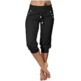 Generisch 3/4 Hose Damen Casual Sommerhose Baumwolle Cargohose 2025 Frau Jogginghose Einfarbig Leichte Laufhose Trainingshose Sale Bundfaltenhose Kurzgrößen Yoga Hose Outlet Schwarz XL