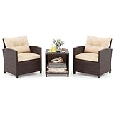 GIANTEX Rattan Gartenmöbel Set, Balkonmöbel Kleiner Balkon, Lounge Möbel Outdoor, Balkon Set 2 Personen, Balkonmöbel Set 3 teilig 2 Sessel & Tisch, Terrassenmöbel Garten Möbelsets inkl. Kissen