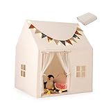 DREAMADE Kinderspielzelt für Innen und Außen，Spielhaus Kinder mit Rutschfestem, Abnehmbaren Polster, Fahnen & Lichterketten, Spielzelt Kinderzimmer mit Fenstern für Kinder ab 3 Jahren