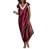 Laquieio Nachthemd für Damen, Sommer, Baumwolle, Sommer, sexy, mit V-Ausschnitt, atmungsaktiv, Schlafangebot für Braut und Frauen-1, Rot, 42