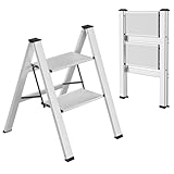 TLGREEN Alu Trittleiter 2-Stufen-Leiter Klappleiter Rostfeste rutschfeste Stehleiter Haushaltsleiter Multifunktionale Tritthocker Licht Platzsparend bis 150kg Belastbar für Küchen Haushalt Außen Büro