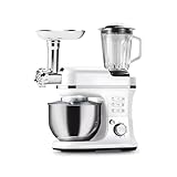 Wintem Multifunktionale Küchenmaschine 1900 W mit Fleischwolf und Mixer mit Schüssel 6,5 l – bequemes Bedienfeld mit LED-Leuchten mit 6 einstellbaren Geschwindigkeiten und Plus-Funktion