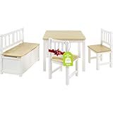 Bomi Kindersitzgruppe Anna mit integrierter Spielzeugkiste | Kinderzimmer-Set inkl. Kindertisch mit 2 Stühlen & Kindertruhenbank | Kindermöbel aus FSC nachhaltigem Kiefer Massiv Holz | Weiß Natur
