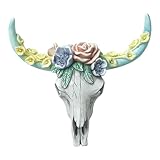 Wanddekoration mit floralem Kuh-Schädel, Rose, Kuh, Horn, Wandskulptur, handbemalt, 3D-Tierhandwerk, Ornament für Zuhause, Höhlen, Reptilien, Aquarium und kleine Aquarien