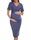 KOJOOIN Damen Umstandskleid Sommer Kurzarm V-Ausschnitt Enge Stillkleid Elegant Schwangerschaftskleid mit Gürtel Navyblau(Kurzarm) M