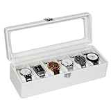 KILHS Uhrenbox mit 6 Fächern, Uhrenkasten mit Glasdeckel, Watch Box mit Herausnehmbarer Unterlage & Metallverschluss, Außen Weißes Kunstleder, Innen Weißer Samt, Geschenkbox