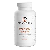 Lysin + Zink - L Lysin Kapseln hochdosiert 480 mg pro Tag (120 vegane Kapseln) - 4-Monatsvorrat - 480mg reines Lysin + Zink 10mg für Ihr Immunsystem - ohne Zusätze, gluten- & laktosefrei - vitaworld