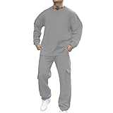 Lässiger Anzug für Herren, lockeres Thermo-Set für Herbst und Winter, zweiteiliges Set bestehend aus einem Sweatshirt mit Rundhalsausschnitt und einer Arbeitshose mit mehreren Taschen, hellgrau, XXXL