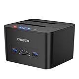 FIDECO Docking Station für 2 SATA-Festplatten, USB 3.0, Klonfunktion, 2,5-Zoll- und 3,5-Zoll-Festplatte, SSD, SATA-Festplatte