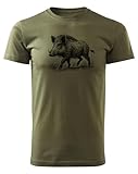 HUNT-G61 - T-Shirt für Jäger - Tshirt Herren - aus Baumwolle, Bequeme Passform - Jagd Geschenke, Geschenk für Jäger, Förster - Grün, mit Motiv Wildschwein - M