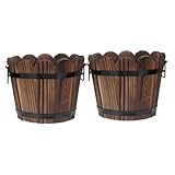 CIYODO 2 Stück Runde Holzzuber Pflanzgefäße aus Karbonisiertem Massivholz mit Griff Kleine Blumentöpfe mit Drainagelöchern Wiederverwendbare Garten Zimmerpflanzkübel für Blumen Kräuter