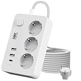 3 Fach Steckdose mit Überspannungsschutz Mehrfachsteckdose 2USB-A 1Type-C, Steckdose mit Schalter und 1.8M Kabel Steckdosenleiste für Heim Büro, Weiß