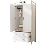 HAINEW Kleiderschrank mit 2 Schubladen und 2 Türen, Mehrzweckschrank Drehtürenschrank Allzweckschrank für Schlafzimmer, 90×45×180cm (Weiß + Natur)