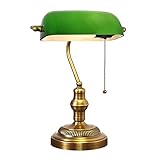 LANMOU Bankerlampe Grün, Schreibtischlampe Retro Grün Tischlampe Vintage mit Kette Schalter, Bankers lampe Lampenschirm aus Glas, Messing Finish, E27 Fassung