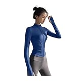 Damen Reißverschluss Fitnesskleidung Langarm Sportjacke mit Taschen Yoga Shirt Schnelltrocknendes Gym Top Sonnenschutz Sportswear Laufmäntel(Blue1,L)