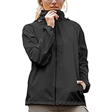 C'est TT regenjacke damen, Regenjacke Damen Wasserdicht Faltbar Wanderjacke mit Kapuze Fahrrad Windjacke Atmungsaktiv Regenmantel Dünne Leicht Softshelljacke Schwarz L