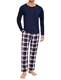 Uniexcosm Schlafanzug Herren Zweiteiliger Lang Baumwolle Pyjama Set Nachtwäsche Langarm Oberteil und Karierte Schlafanzughose Sleepwear Hausanzug Dunkelblau XL