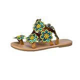 Clogs Le𝐝er Flache Rom Schuhe Sandalen Blumendekoration Over Toe Damen Sandalen 𝐊𝘂s𝐜hel Pantoffeln (Blue, 37)
