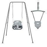 FUNLIO 2-in-1 Schaukeln Set und Baby Türhopser für Kleinkinder, Schaukelset für Kinder mit 4 Sandsäcken, Faltbarer Metallständer für drinnen und draußen, einfach zu montieren und aufzubewahren - Grau