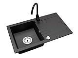 Faizee Granitspüle 75 x 44 cm Schwarz Gesprenkelt – inklusive Armatur Genial in Schwarz – eckige Einbauspüle aus Granit – beidseitig montierbar, kratzfest, hitzebeständig – modernes Spülbecken