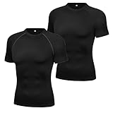Crewhpo Kompressionsshirt Kurzarm Herren Sport T-Shirts mit Rundhalsausschnitt Funktionsshirt Atmungsaktiv T Shirt Classics für Männer Training Shirts für Fitness Laufen Gym Schwarz