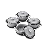 LOVECASA 380 ml Auflaufförmchen aus Steinzeug, 4 teilige Souffle Förmchen mit Deckel, Mini Cocotte, Kleine Auflaufform, Steinzeug mit Griffen zum Backen, Souffle, Innendurchmesser 11 cm
