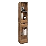 WOLTU Bücherregal Bücherschrank, Regal mit Schubladen und Tür, Standregal hoch schmal, Büroregal, Aufbewahrungsregal für Wohnzimmer Schlafzimmer, braune Holzoptik, 30x158x24 cm, SK028hdb