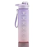 Wasserflasche mit Zeitmarkierung – Große 1 Liter BPA-freie Wasserflasche – Auslaufsichere Flasche mit Trinkzeiten, perfekt für Schule, Fitness, Reisen, Outdoor-Sport (Lila & Rosa)