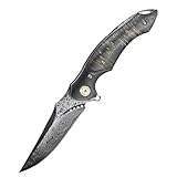 Generisch Klappmesser einhandmesser Hohe Härte Damaszener-Muster Schwarzes Sandalholz Rettungsmesser Outdoor Survival Messer für Camping für Outdoor & Survival Mit Lederhülle