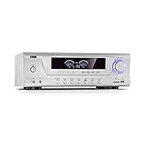 auna AMP 3800 BT 5.0 - Amplifier HiFi-Verstärker, 2 x 120 Watt + 3 x 50 Watt RMS, Bluetooth-Funktion, USB-Port, SD-Slot, 2 Mikrofon-Anschlüsse, DVD-Stereo-In, Stereo-Line-Out, Silber