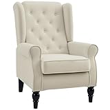 HOMCOM Sessel Ohrensessel mit Armlehnen, Loungesessel mit Kissen, Tufting, hoher Rückenlehne Armlehnensessel mit Holzbeine, Relaxsessel für Wohnzimmer, Schlafzimmer, Cremeweiß