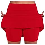 Rock Mit Hose Drunter, Rock Mit Hose Drunter Tennisrock Damen Elegant 2 In 1 Shorts Integriert Kurze Hosen Sommer Hosenrock Golfrock Röcke Sportrock Tennis Skirt Laufrock Wanderrock Skort, Roter, L