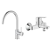 GROHE Start Classic - Einhand- Spültischarmatur & BauEdge - Badewannenarmatur (integriertes Rücklaufventil, automatische Umstellung für Badewanne und Dusche, kratzfest), chrom, 23334000