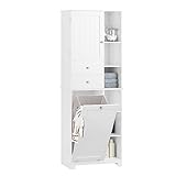 SoBuy BZR104-W Hochschrank mit ausklappbarem Wäschesack Badezimmer Schrank Badschrank schmal Wäscheschrank Badregal Badezimmerschrank Badezimmermöbel Weiß BHT ca. 60x171x37cm