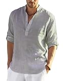 COOFANDY Herren Leinenhemd Stehkragen Langarm Sommerhemd Regular Fit Casual Leinen Shirt Strand Fischerhemd Grau XL