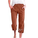 PYOJKO 3/4 Leinenhose Damen Sommer Hosen Casual Leichte Palazzo Yogahose Hohe Taille Freizeithose Einfarbig Leinen Sommerhose mit Taschen Haremshose Gerade Bein Leggins Casual Wanderhose