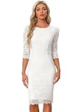 Allegra K Damen Etuikleid Cocktailkleid Business Elegant Spitze Blumenmuster Rundhals 3/4 Ärmel Figurbetont Hochzeitsgast Kleid Weiß M