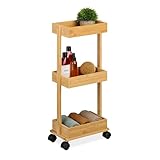 Relaxdays Rollwagen, Bambus, 3 Ebenen, HxBxT: 71,5x31x18 cm, 4 Rollen, Badezimmer, Küche, schmaler Beistellwagen, natur