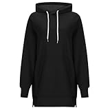 Generisch Lässiger, einfarbiger Kapuzenpullover für Damen, mittellang, lockeres Oberteil mit Schlitz (Black, S)