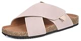 Dokela Sandalen Damen Pantoletten mit Kork Fußbett Hausschuhe aus Leder,Hellrosa,EU41